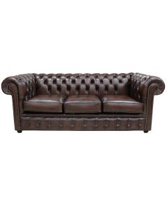Chesterfield 3 Seater Antiquen Brown Leather Tufted Buttoned Sofa In Classic Style