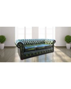 Chesterfield 3 Seater Antique Green Leather Sofa In Classic Style