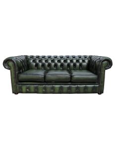 Chesterfield 3 Seater Antiquen Green Leather Tufted Buttoned Sofa In Classic Style