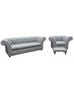 Chesterfield 3 Seater + Armchair + Footstool Buttoned Seat Silver Grey Leather Sofa Suite In Balmoral Style