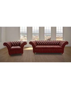 Chesterfield 3 Seater + Armchair Old English Chestnut Leather Sofa Suite In Balmoral Style   