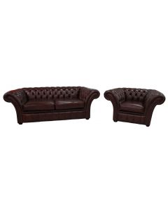 Chesterfield 3 Seater + Club Chair Byron Conker Leather Sofa Suite In Balmoral Style