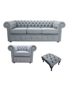 Chesterfield 3 Seater + Club Chair + Footstool Verity Plain Steel Grey Fabric Sofa Suite