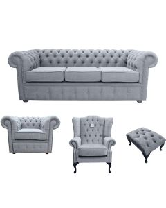 Chesterfield 3 Seater + Club Chair + Mallory Chair+Footstool Verity Plain Steel Grey Fabric Sofa Suite 