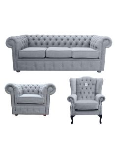 Chesterfield 3 Seater + Club Chair + Mallory Chair Verity Plain Steel Grey Fabric Sofa Suite