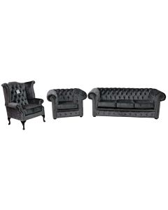 Chesterfield 3 Seater+Club Chair+Queen Anne Chair Boutique Storm Black Velvet Fabric Sofa Suite