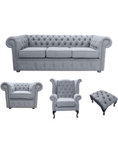 Chesterfield 3 Seater + Club Chair + Queen Anne Chair+Footstool Verity Plain Steel Grey Fabric Sofa Suite 