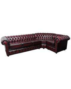 Chesterfield 3 Seater + Corner + 1 Seater Antique Oxblood Leather Cushioned Corner Sofa In Classic Style