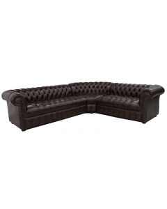 Chesterfield 3 Seater + Corner + 2 Seater Antique Brown Leather Buttoned Seat Corner Sofa In Classic Style