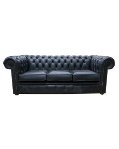 Chesterfield 3 Seater Cracked Wax Jet Black Leather Sofa Settee In Classic Style