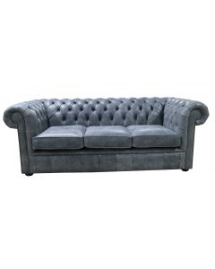 Chesterfield 3 Seater Devil Grigio Aniline Blue Leather Sofa In Classic Style