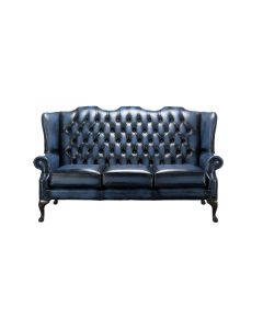 Chesterfield 3 Seater High Back Antique Blue Leather Sofa In Mallory Style 