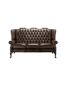 Chesterfield 3 Seater High Back Antique Brown Leather Sofa In Mallory Style 