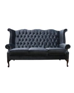 Chesterfield 3 Seater High Back Sofa Amalfi Charcoal Black Velvet Fabric In Queen Anne Style