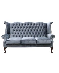 Chesterfield 3 Seater High Back Sofa Amalfi Steel Grey Velvet Fabric In Queen Anne Style