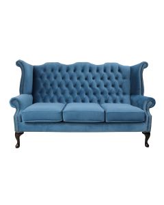 Chesterfield 3 Seater High Back Wing Sofa Amalfi Cadet Blue Velvet In Queen Anne Style 