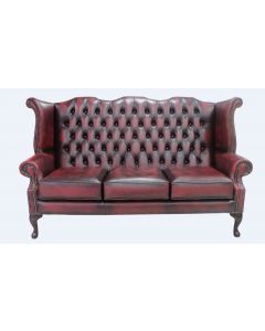 Chesterfield 3 Seater High Back Wing Sofa Antique Oxblood Red Leather In Queen Anne Style