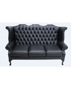 Chesterfield 3 Seater High Back Wing Sofa Shelly Black Leather In Queen Anne Style