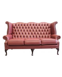 Chesterfield 3 Seater High Back Wing Sofa Shelly Burgandy Leather In Queen Anne Style