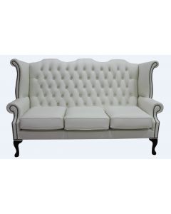 Chesterfield 3 Seater High Back Wing Sofa Shelly White Leather In Queen Anne Style