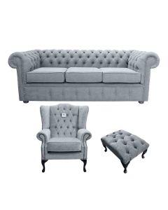 Chesterfield 3 Seater + Mallory Chair + Footstool Verity Plain Steel Grey Fabric Sofa Suite 