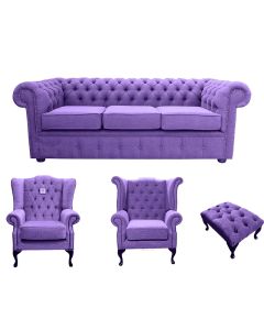 Chesterfield 3 Seater + Mallory Chair + Queen Anne Chair + Footstool Verity Purple Fabric Sofa Suite 