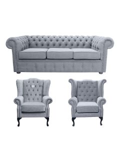 Chesterfield 2 Seater + Mallory Chair + Queen Anne Chair Verity Plain Steel Grey Fabric Sofa Suite