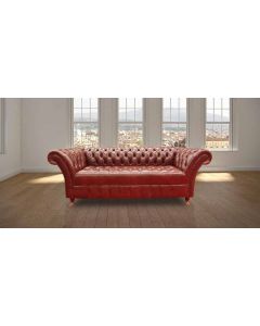 Chesterfield 3 Seater Old English Chestnut Leather Buttoned Seat Sofa In Balmoral Style