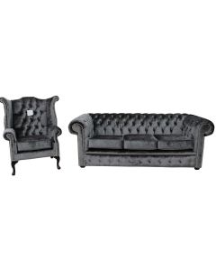 Chesterfield 3 Seater + Queen Anne Chair Boutique Storm Black Velvet Fabric Sofa Suite 