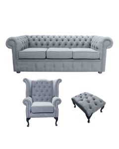 Chesterfield 3 Seater + Queen Anne Chair + Footstool Verity Plain Steel Grey Fabric Sofa Suite