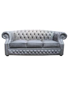 Chesterfield 3 Seater Sofa Cracked Wax Ash Grey Leather In Buckingham Style