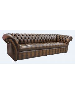Chesterfield 4 Seater Antique Tan Leather Buttoned Seat Sofa In Balmoral Style  