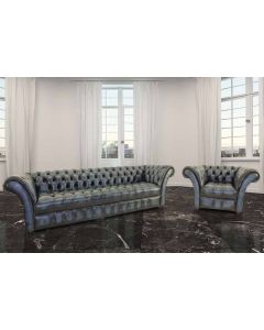 Chesterfield 4 Seater + Armchair Antique Blue Leather Button Seat Sofa Suite In Balmoral Style