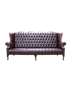 Chesterfield 4 Seater Buttoned Seat Sofa Antique Oxblood Leather In Queen Anne Style