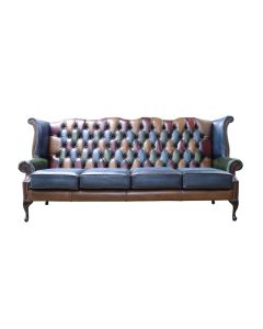 Chesterfield 4 Seater High Back Wing Sofa Antique Patchwork Leather In Queen Anne Style