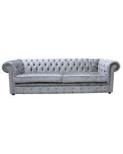 Chesterfield 4 Seater Sofa Shimmer Silver Velvet Fabric In Classic Style