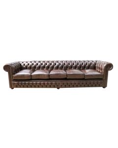 Chesterfield 5 Seater Sofa Settee Antique Brown Real Leather In Classic Style