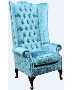 Chesterfield 5ft Crystal High Back Wing Chair Shimmer Aqua Blue Real Velvet In Soho Style