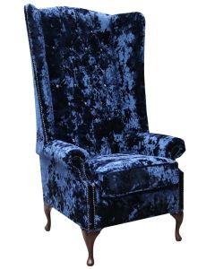 Chesterfield 5ft High Back Wing Chair Lustro Sapphire Blue Velvet Fabric Bespoke In Soho Style