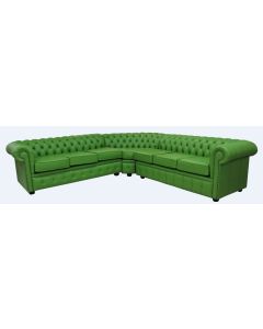 Chesterfield 7 Seater Cushioned Corner Sofa Unit Apple Green Leather In Classic Style   