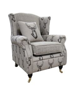 Chesterfield Fireside High Back Armchair Deer Print Chocolate Brown Fabric Wing Chair 
