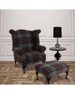 Chesterfield Fireside High Back Armchair + Footstool Wool Tweed Benin­gbo­rough Graphite Check In Queen Anne Style