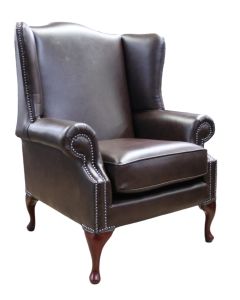 Chesterfield Flat Saxon High Back Chair Antique Brown Leather In Mallory Style