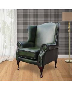 Chesterfield Flat Saxon High Back Wing Chair Antique Green Leather In Mallory Style  