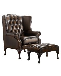 Chesterfield Flat Wing Chair + Footstool Antique Brown Leather In Mallory Style