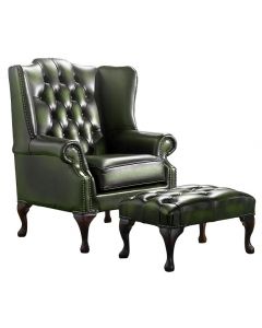 Chesterfield Flat Wing Chair + Footstool Antique Green Leather In Mallory Style
