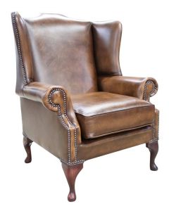 Chesterfield Flat Wing Saxon High Back Chair Antique Tan Real Leather In Mallory Style