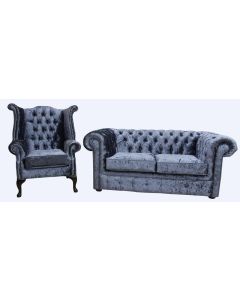 Chesterfield Genuine 2 Seater + Queen Anne Chair Senso Dusk Blue Velvet Sofa Suite