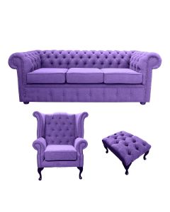 Chesterfield Genuine 3 Seater + Queen Anne Chair + Footstool Verity Purple Fabric Sofa Suite
