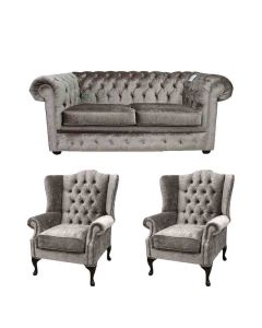 Chesterfield Handmade 2 Seater + 2 x Mallory Wing Chair Verity Silver Fabric Sofa Suite